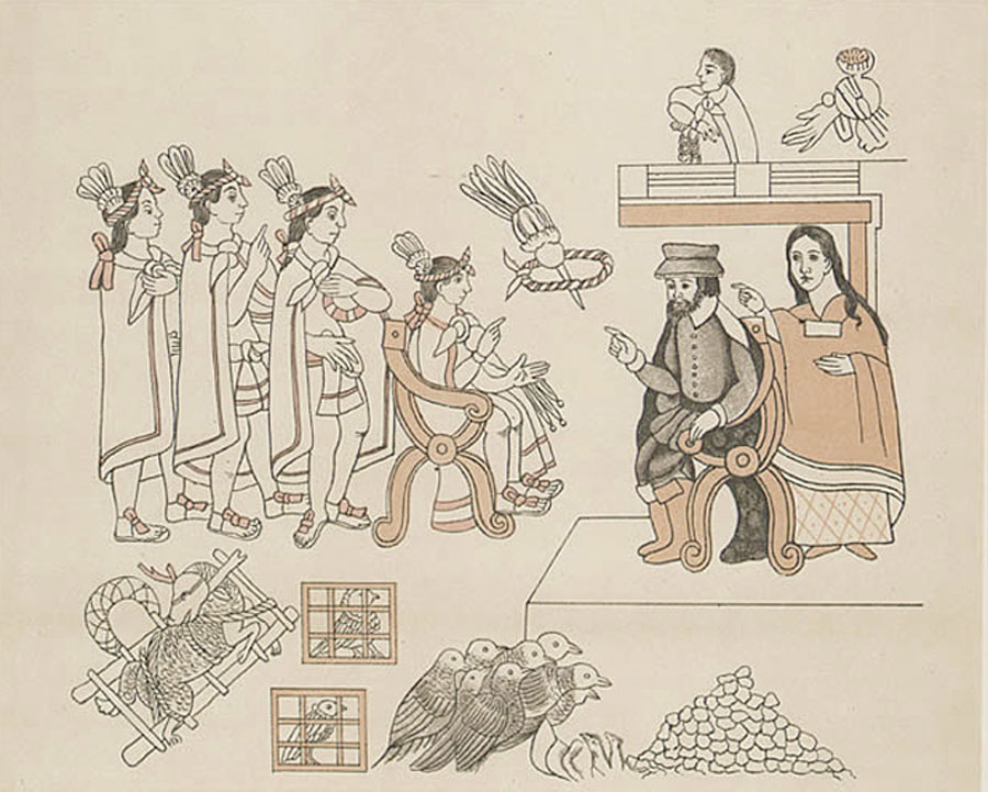 “Cortés y Marina frente a Moctezuma II”, Lienzo de Tlaxcala, siglo XVI.