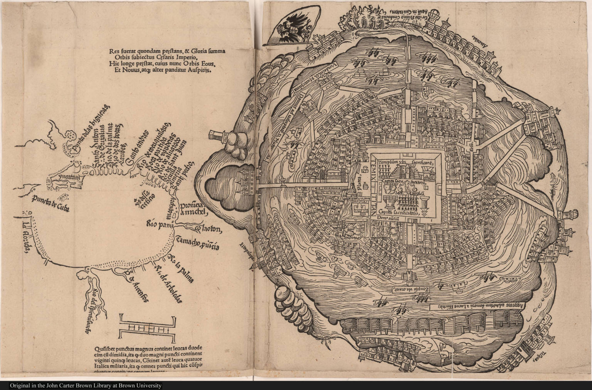 “Primer mapa europeo de Tenochtitlan y del Golfo de México”,  xilografía, 1524, BJCB.
