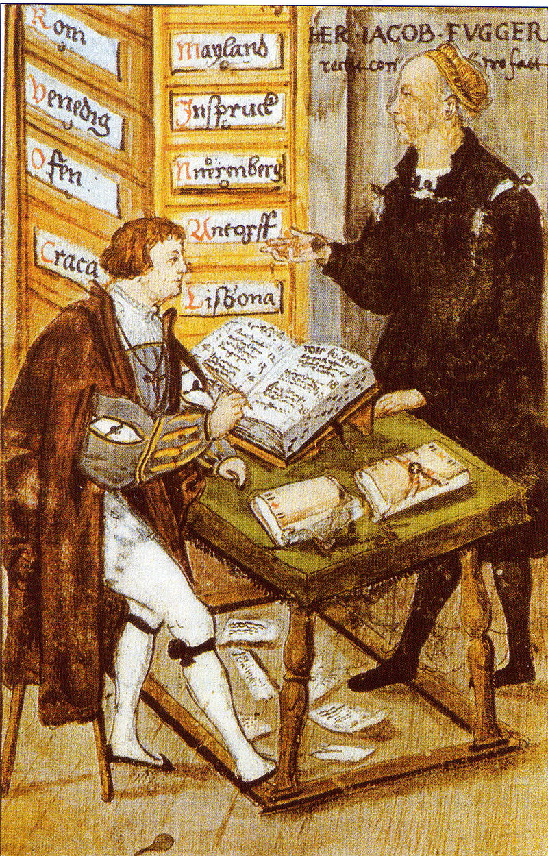 El comerciante y banquero alemán Jakob Fugger de Rijke con su contable Matthäus Schwarz en la oficina de oro. Anónimo. 1517