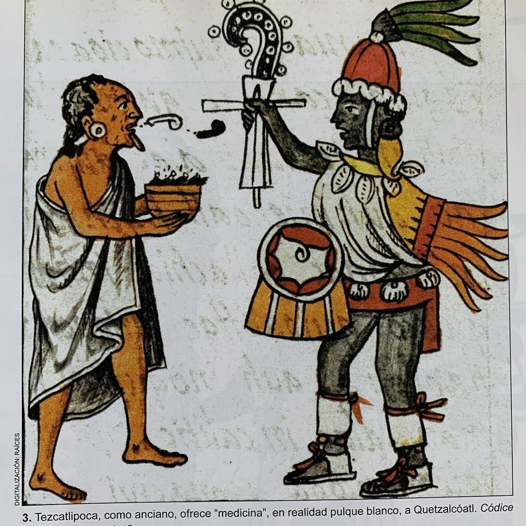 Tezcatlipoca como anciano ofrece pulque blanco a Quetzalcóatl, en Bernardino de Sahagún Historia General de las Cosas de la Nueva España. Siglo XVI.