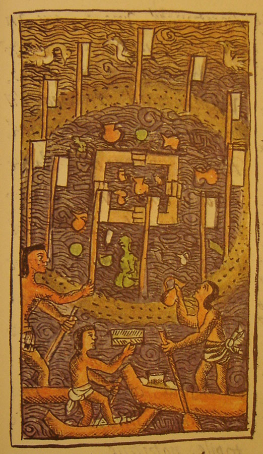 Rituales en el Pantitlán Códice Florentino, LI Fo 23r, en  Bernardino de Sahagún, Historia General de las cosa de la Nueva España L12 Fo1. Siglo XVI.