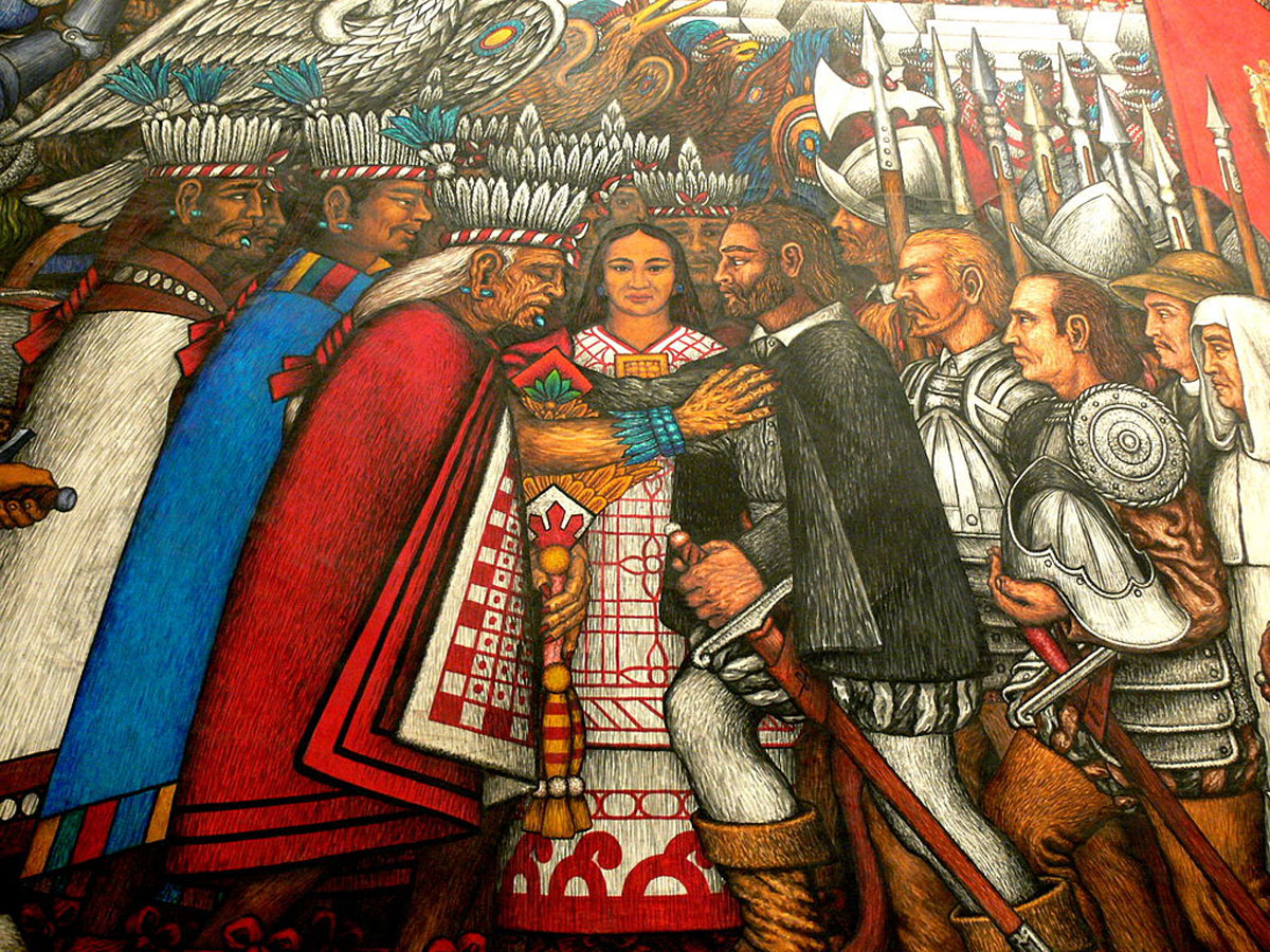 Negociaciones entre españoles y tlaxcaltecas,  Desiderio Hernández Xochitiatzin, mural. 1967-1968