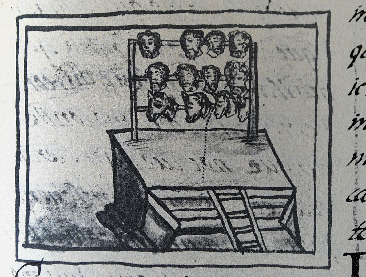 Tzompantli, Códice Florentino, en Bernardino de Sahagún, Historia General de las cosa de la Nueva España L XII Fo 68. Siglo XVI.
