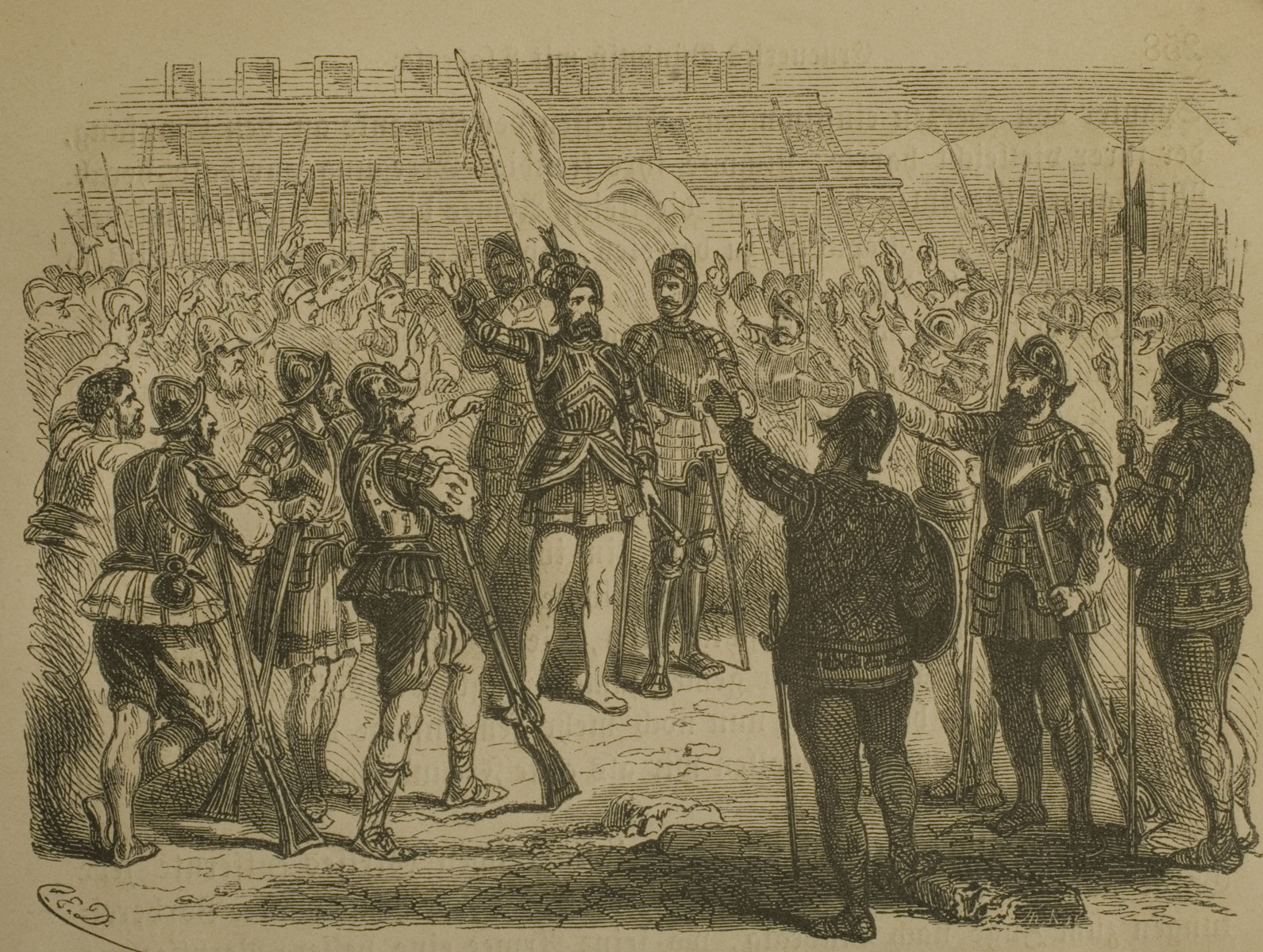 Cortés entra en Tlaxcala ya dominada, en Otto Spamer: Das alte Mexiko und die Eroberung Neuspaniens. 1865