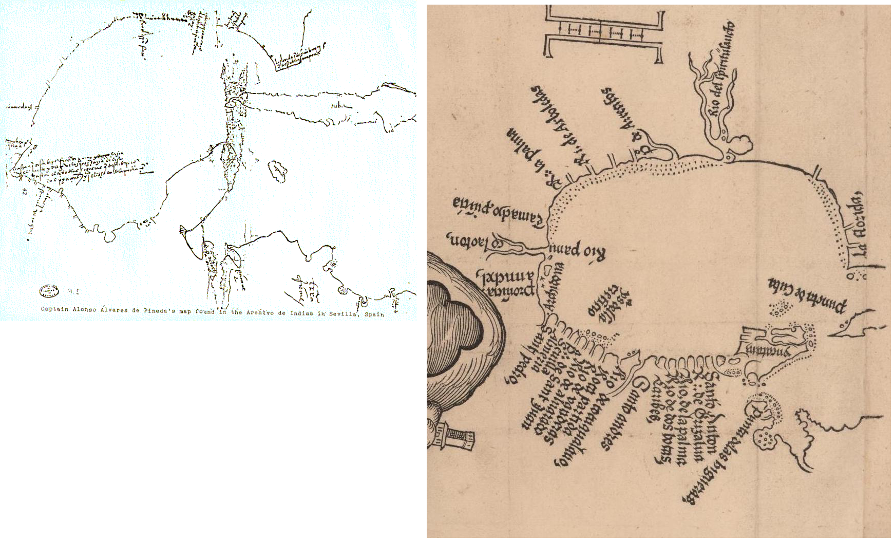 Fig. 5 Mapa de la costa del Golfo, 1519 y Hernán Cortés, 2ª Carta de Relación, 1524