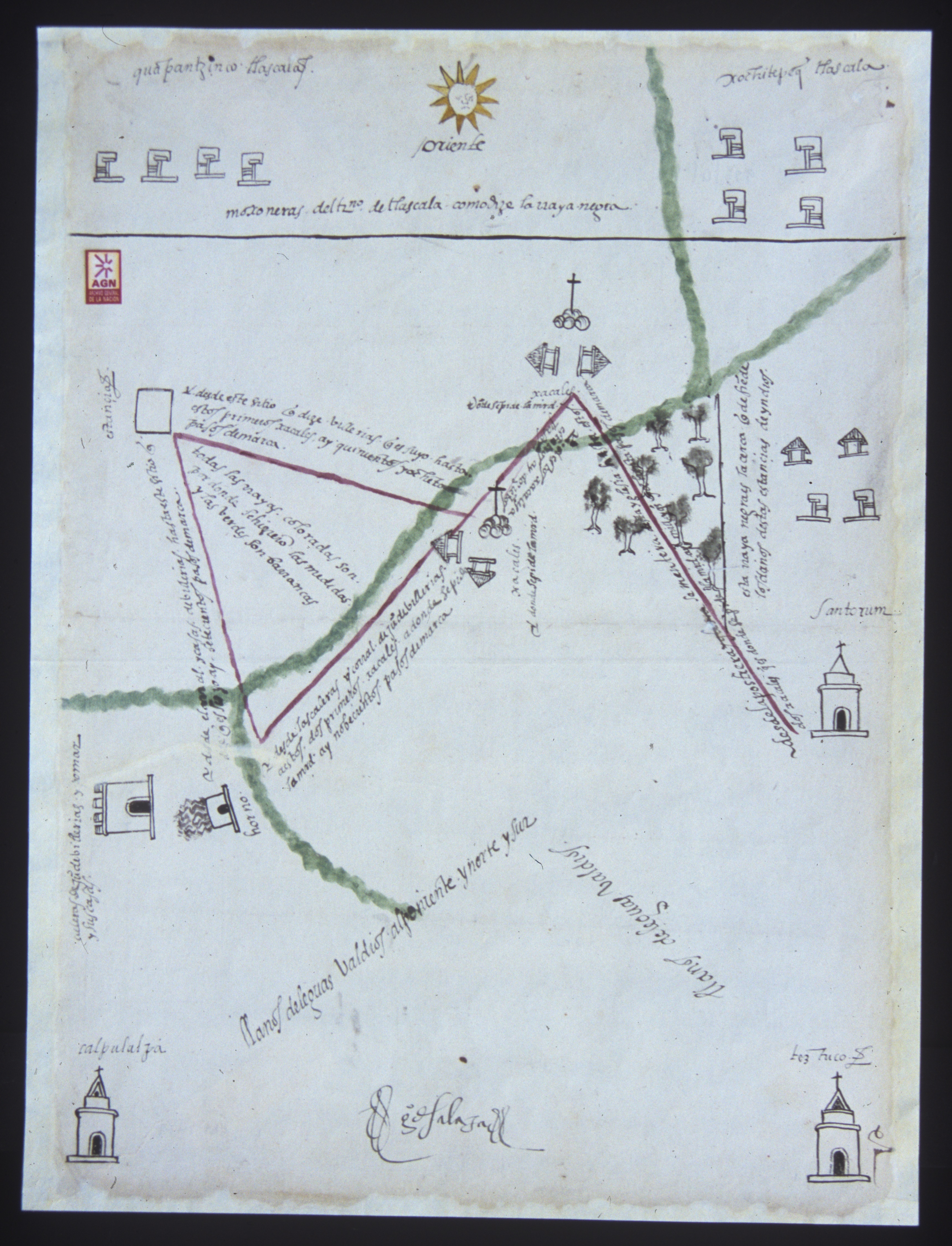 Mapa de mercedes de tierra de Calpulalpan, Texcoco. 1575. 43 x 30 cm. 