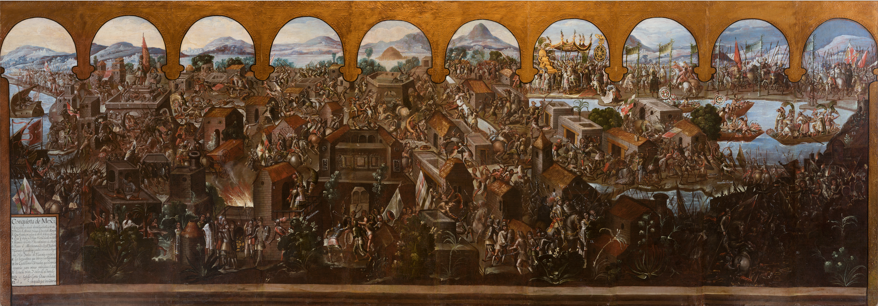 3.	Diego Correa (atrib.), La Conquista de México, ca. 1680, óleo sobre tela, 190.6 x 539 cm, Museo Nacional de Historia. Foto: Mad Pixel. D. R. Secretaría de Cultura. INAH.