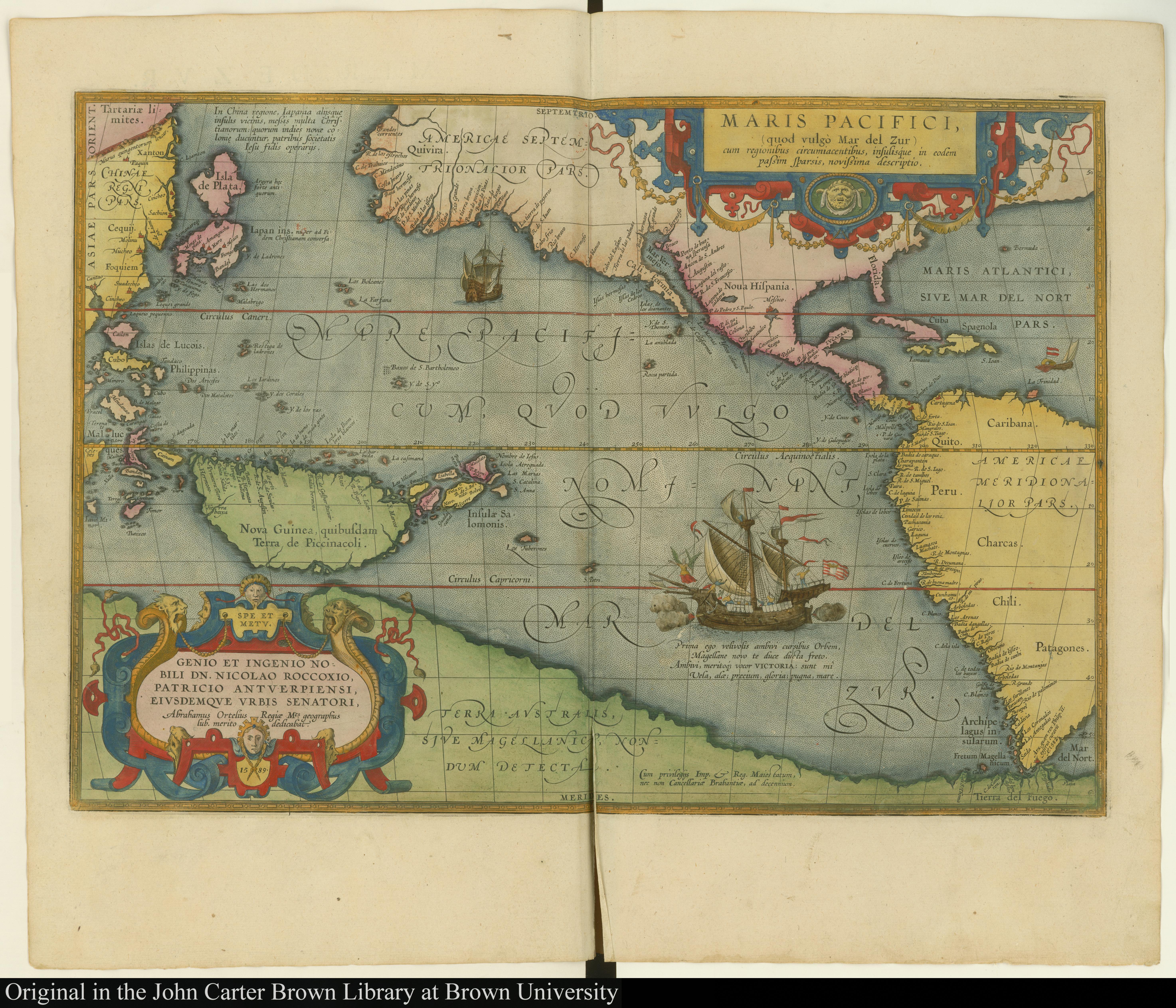 “Maris Pacifici.” Engraving. Created by Abraham Ortelius. Antwerp, 1589. Original at the John Carter Brown Library, Brown University, Providence, RI. 
