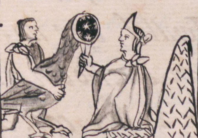 Pronóstico: cazadores llevan a Moctezuma un ave con cabeza de espejo, donde se  veía el cielo. Códice Florentino, Libro 12, fol. 2 reverso y 3 anverso