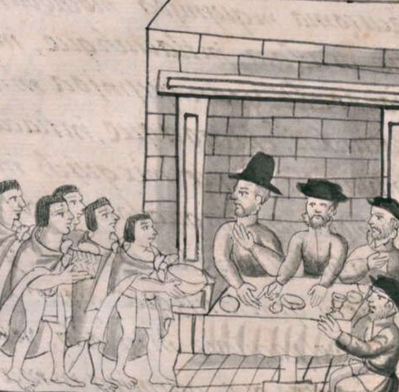 “Los emisarios mexicas llevando las comidas a los expedicionarios”, Códice Florentino, Libro 12, fol. 12 reverso