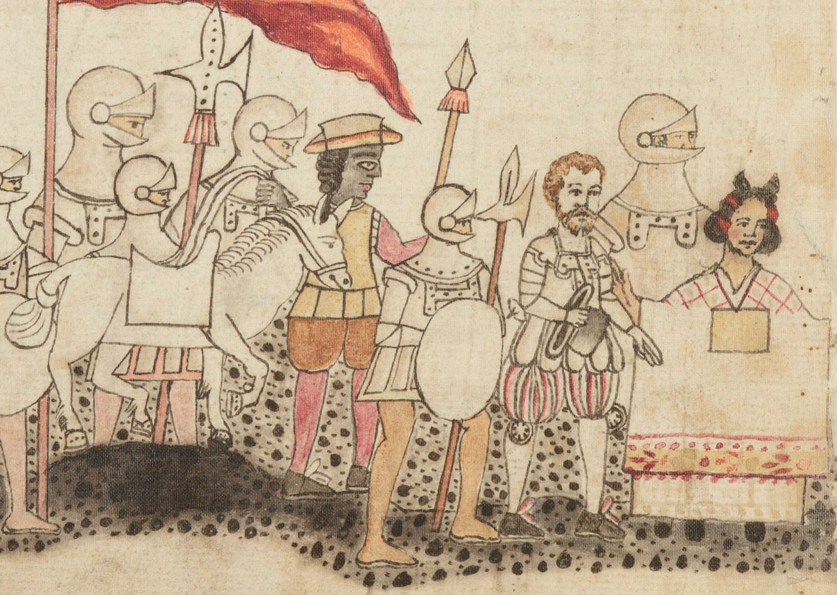 Los españoles y Malinche llegan a México-Tenochtitlan,  Códice Azcatitlan, documento posiblemente realizado en el siglo XVI. 