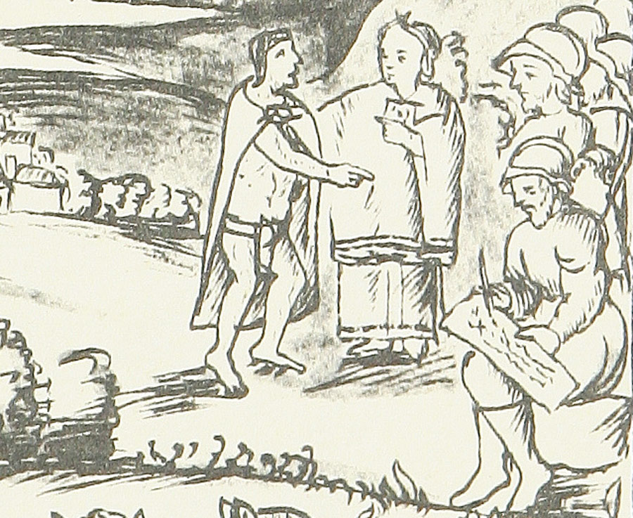 "La Malinche como intérprete a la llegada de la empresa de conquista", Códice Florentino, documento novohispano del siglo XVI.