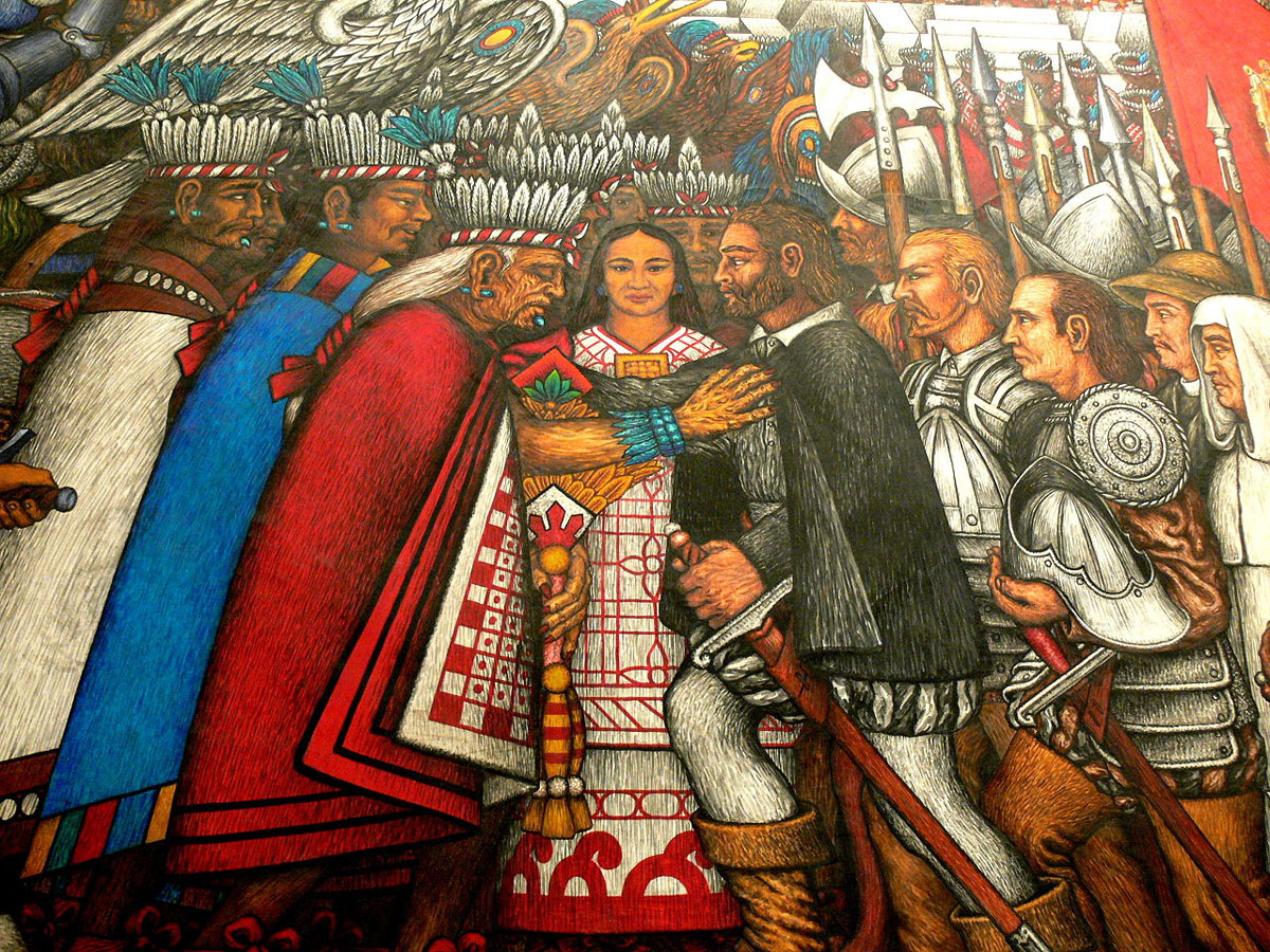“La Malinche en las negociaciones de los tlaxcaltecas con la empresa de conquista”. Mural realizado por Desiderio Hernández Xochitiotzin, Palacio de Gobierno, Tlaxcala. 