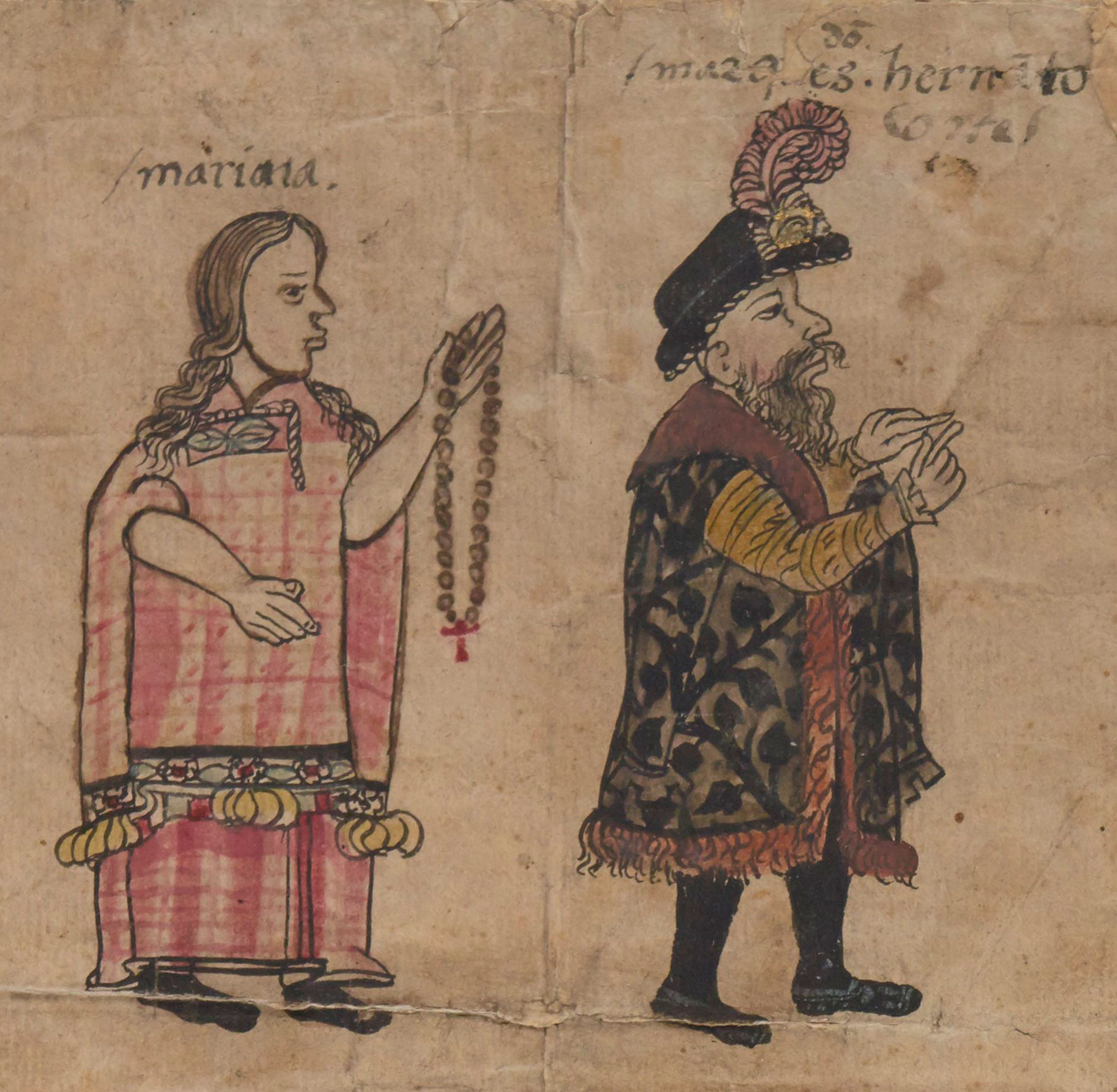 "Marina y Cortés", edición de la lámina del Munuscrito del Aperreamiento, siglo XVI, BnF.