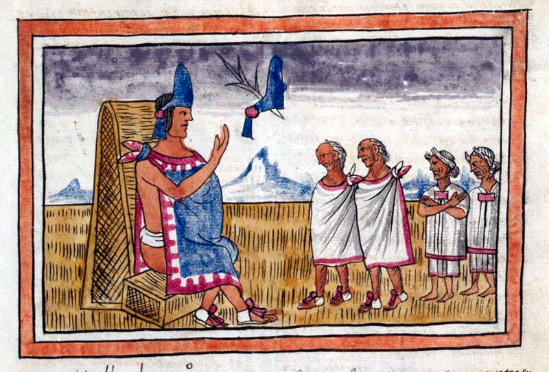 “Moctezuma desea saber lo que soñaban los viejos y viejas de la llegada de los que esperaban”,  Códice Durán, fol. 195 anverso.