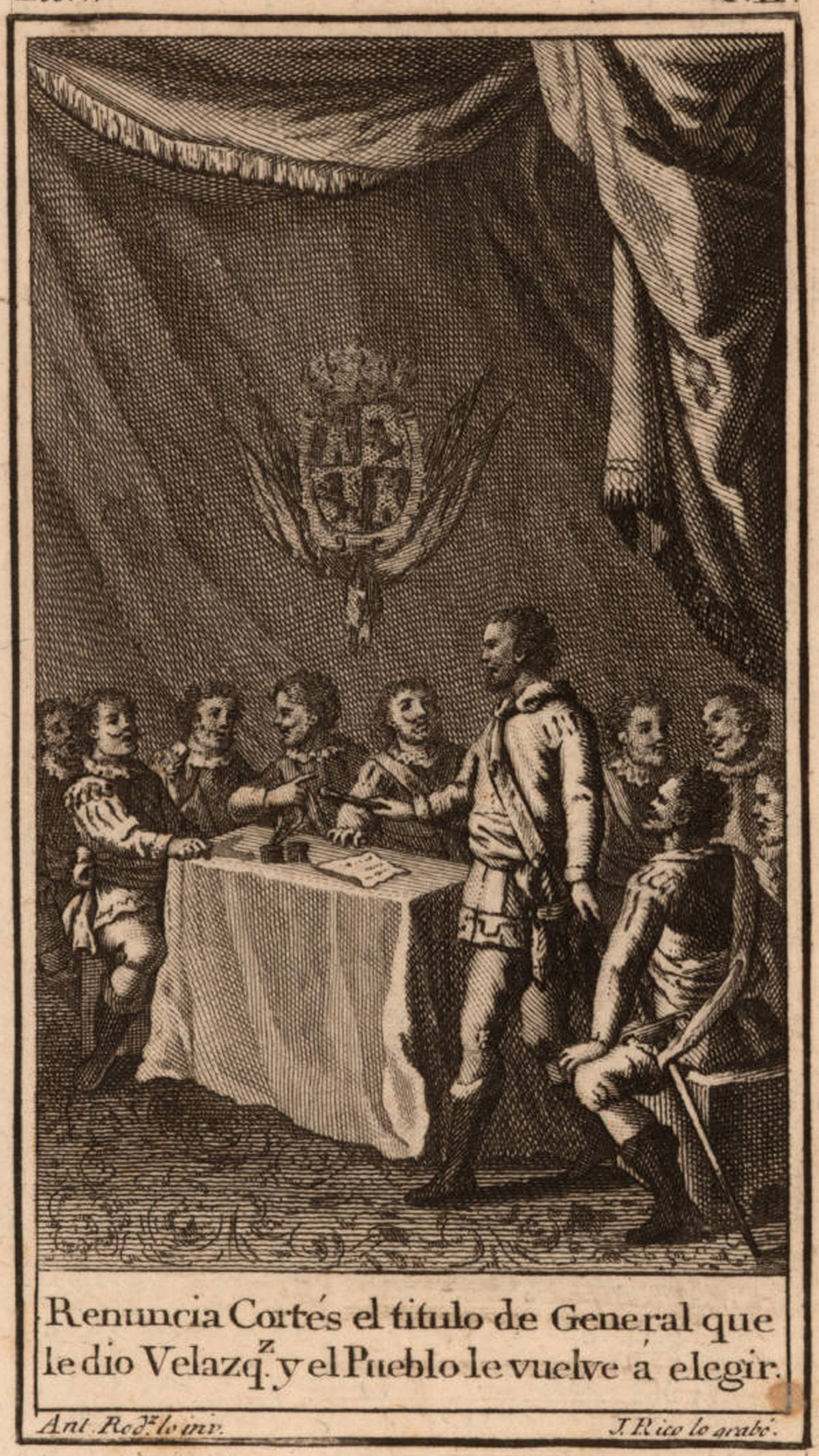 “Renuncia Cortés al título de General que le dio Velázquez”, grabado, siglo XVII, BJCB