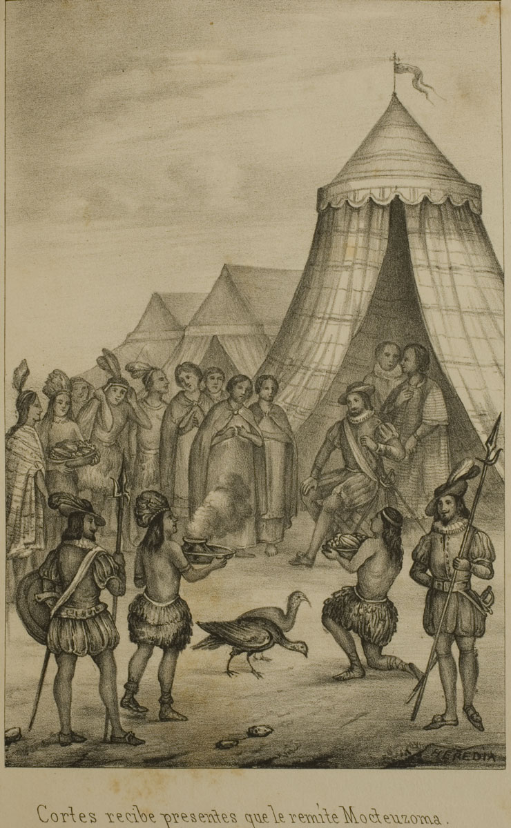 Cortés recibe presentes que le remite Moctezuma, en Guillermo H. Prescott, Historia de la Conquista de Méjico, de la civilización de los Antiguos Mejicanos, y la vida del conquistador Hernando Cortés. Siglo XIX