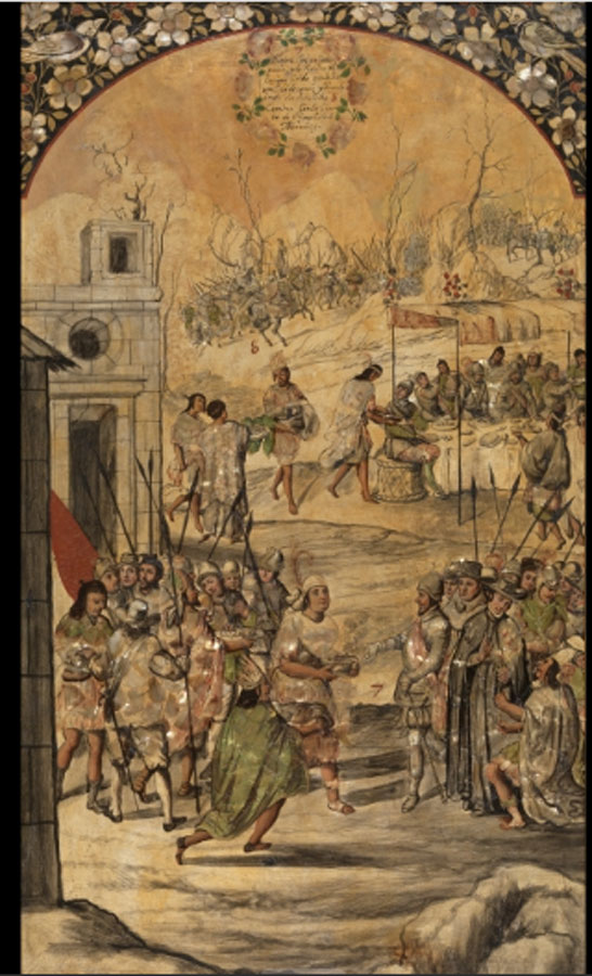 “Entra Cortés a Zempoala y lo recibe el Cacique Gordo”. Miguel y Juan González, tabla enconchada, de la serie Conquista de México. Siglo XVII.