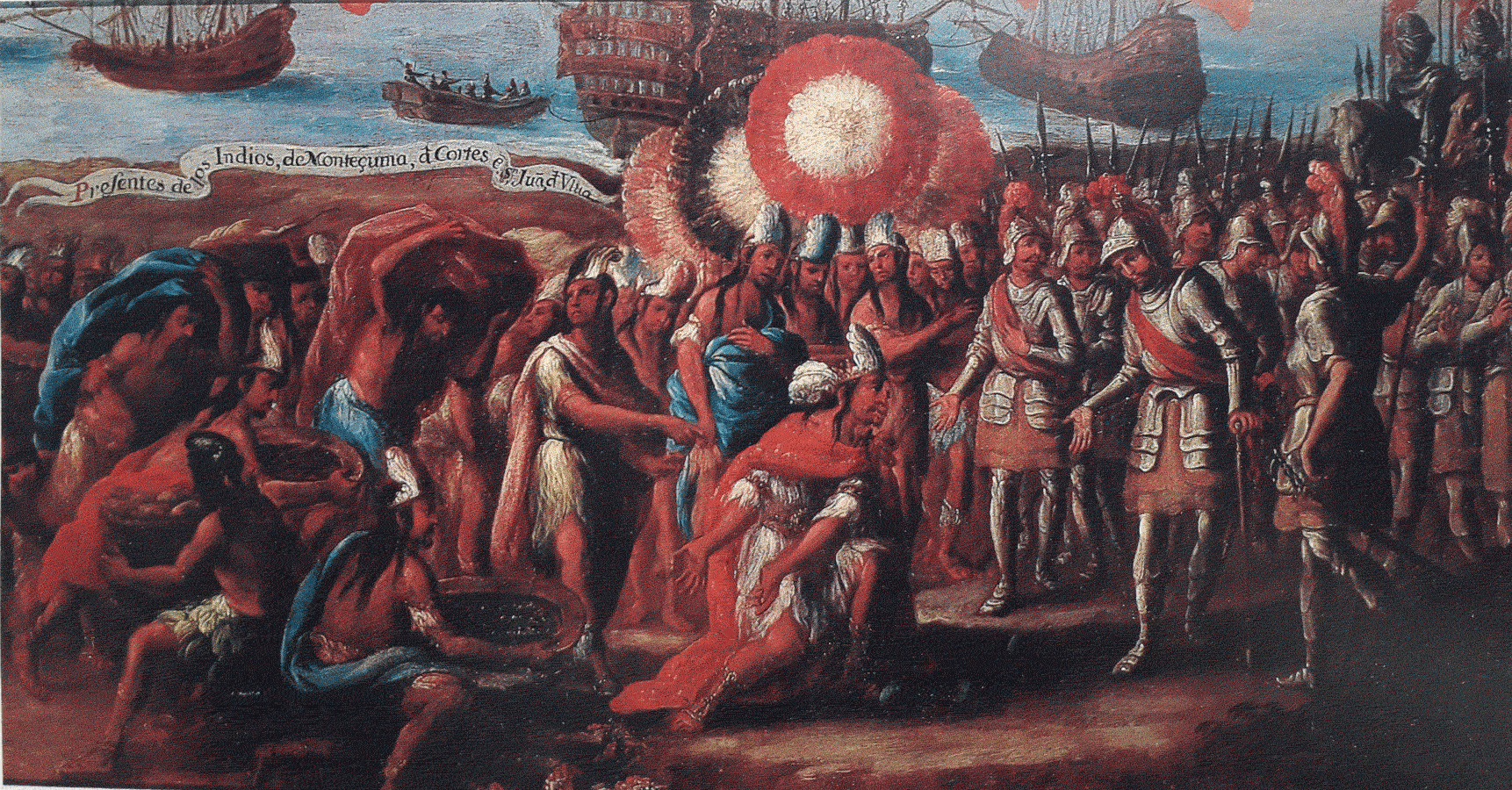 El recibimiento de  la embajada de Moctezuma en Veracruz, Anónimo. Siglo XVIII.