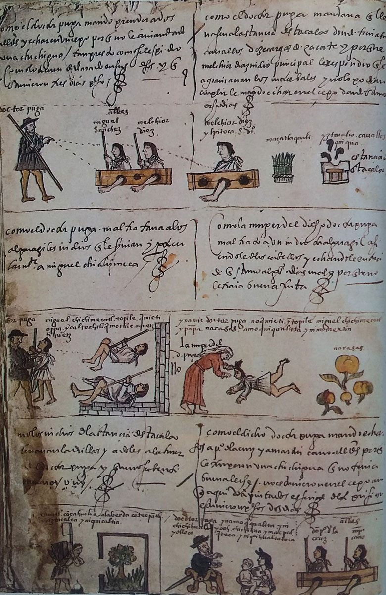 Historia del doctor Puga. Ilustraciones sobre los abusos cometidos con los indios. Libro de los Gobernadores, Alcaldes y Regidores de México.  Códice Osuna. 1570