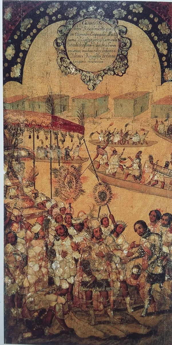 Encuentro de Cortés y Moctezuma, tabla enconchada. Miguel  González, último tercio del Siglo XVII