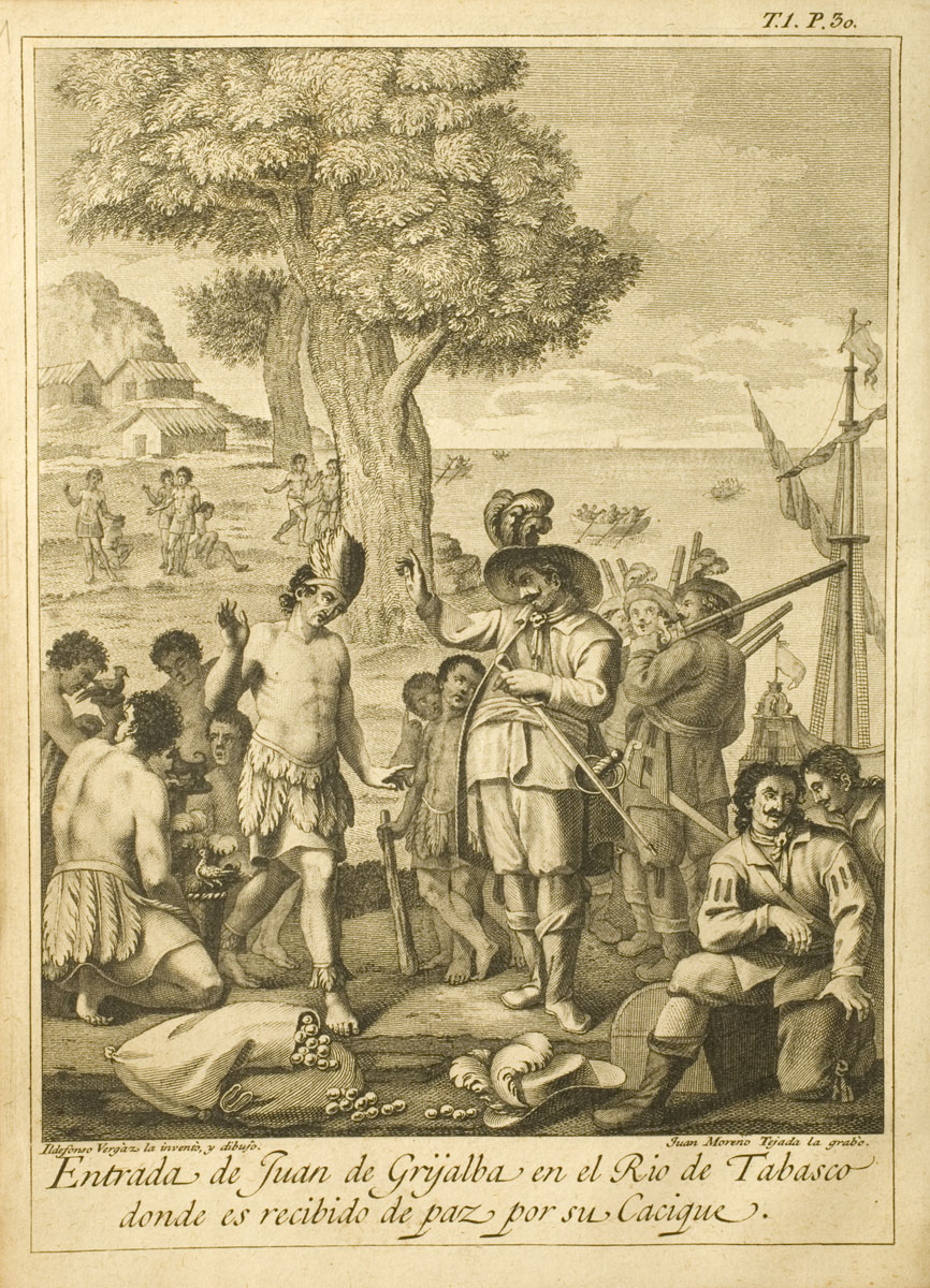 “Entrada de Juan de Grijalba en el Rio de Tabasco donde es recibido de paz por su Cacique”. Siglo XVIII