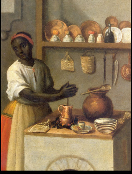 Escena de trabajo doméstico. José de Páez, De español y negra, mulato. Siglo XVIII