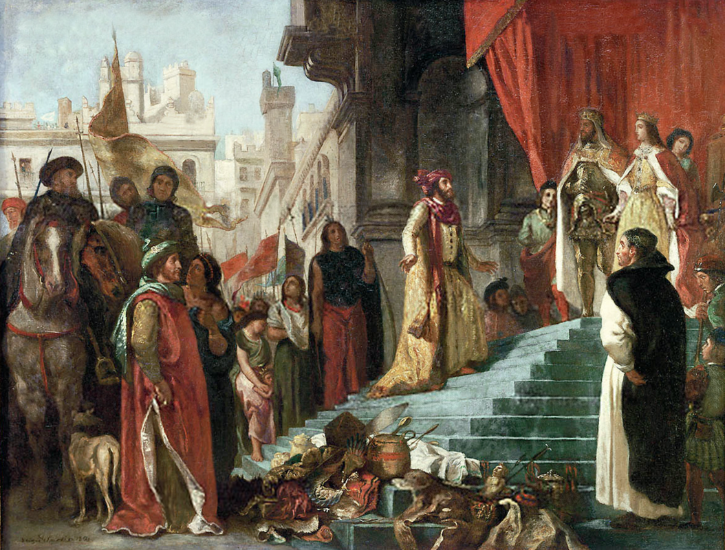 El regreso de Cristóbal Colón y su audiencia ante el rey Fernando y la reina Isabel.  Eugène Delacroix, 1839