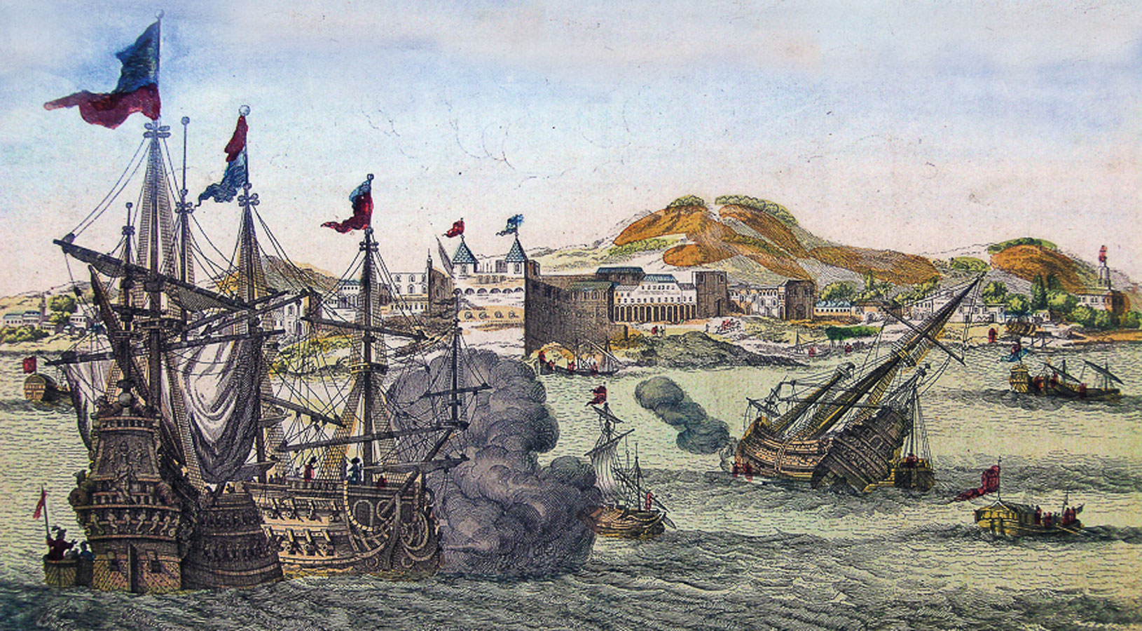San Francisco de Campeche, Huquier et Filis. Siglo XVII, grabado acuarelado.