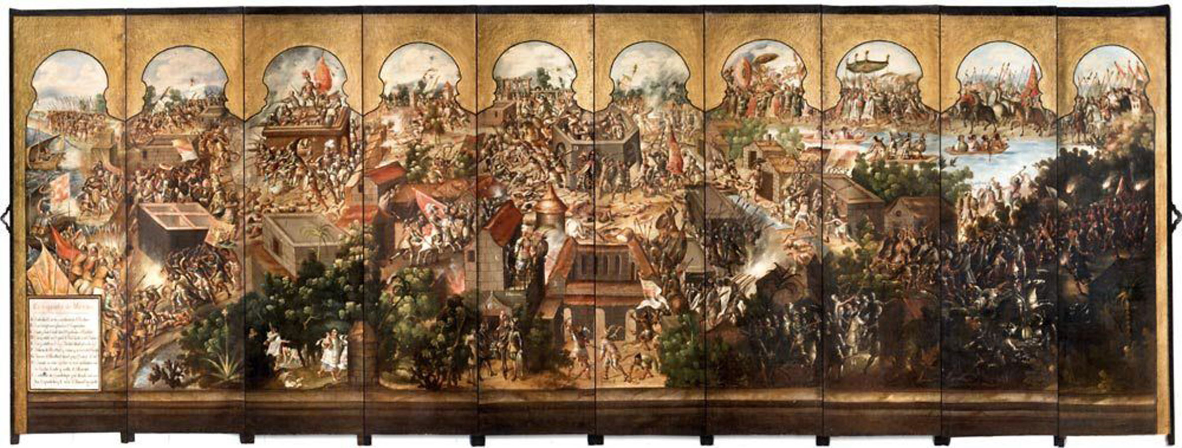 Biombo con la historia de la conquista de México, Anónimo, Siglo XVII