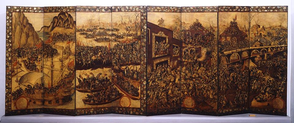Biombo de la conquista de México, enconchado anónimo. Siglo XVII