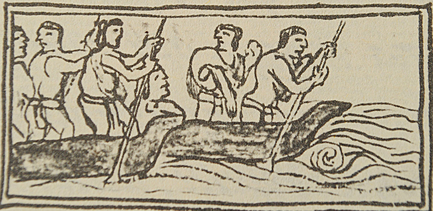 Indígenas navegan en canoas Códice Florentino, en  Bernardino de Sahagún, Historia General de las cosa de la Nueva España L XII Fo 9r.  Siglo XVI.