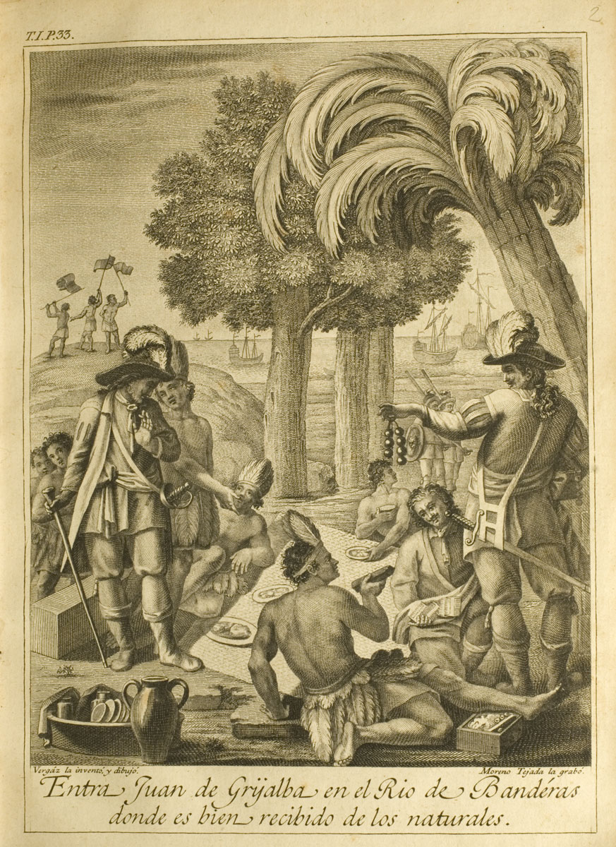 Entra Grijalva al Río de Banderas donde es bien recibido de los naturales. Historia de la conquista de Mexico Don Antonio de Solís y Rivadeneyra, 1763