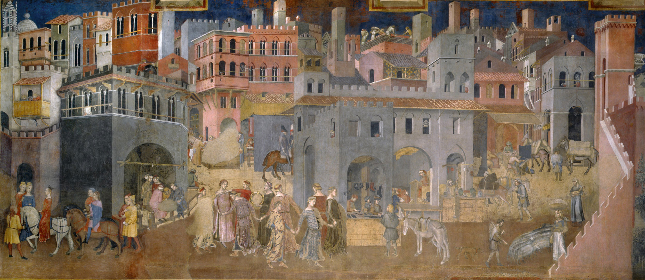 : Efectos del buen gobierno en la ciudad y el estado, Ambrogio Lorenzetti, Palacio de Siena, Italia . 1337