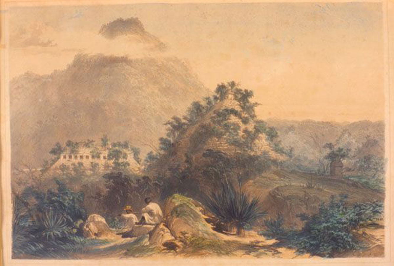 Vista general de Palenque, Frederick Catherwood. Siglo XIX. LItografía iluminada.