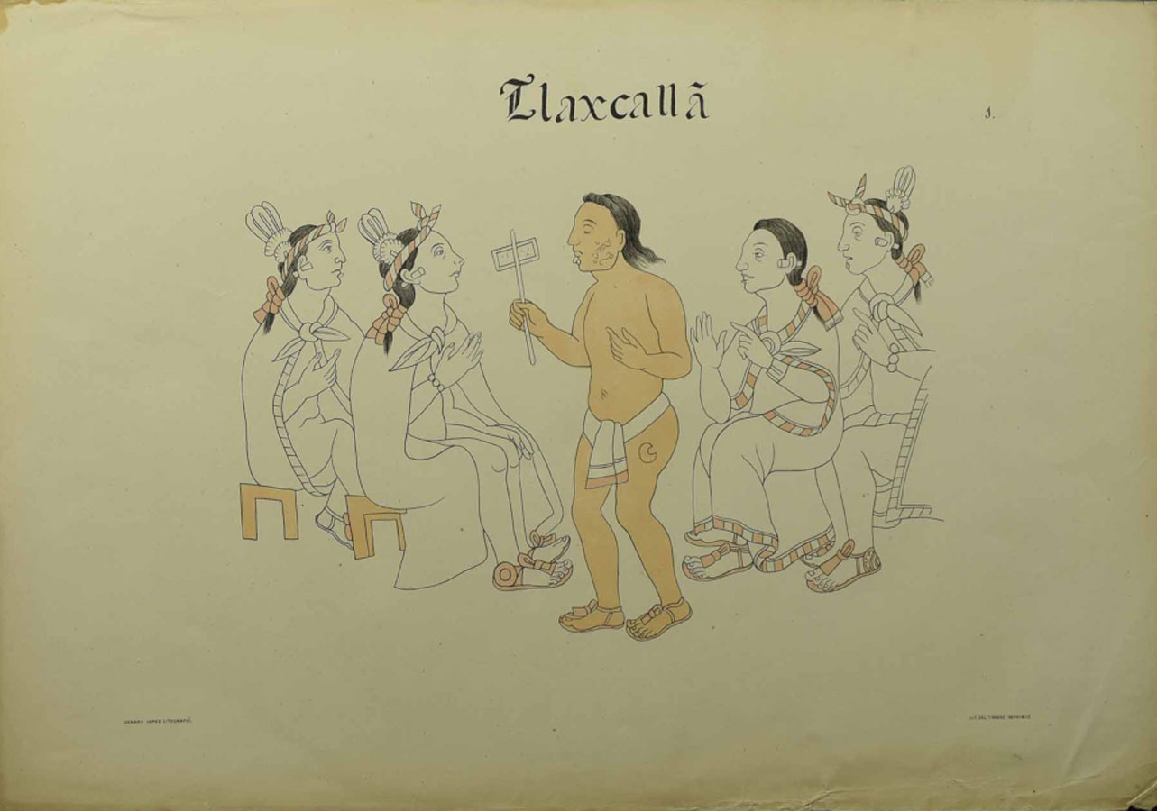 Mensajero de Cortés con los caciques de Tlaxcala. Lienzo de Tlaxcala,  Alfredo Chavero lámina 001. Siglo XVI