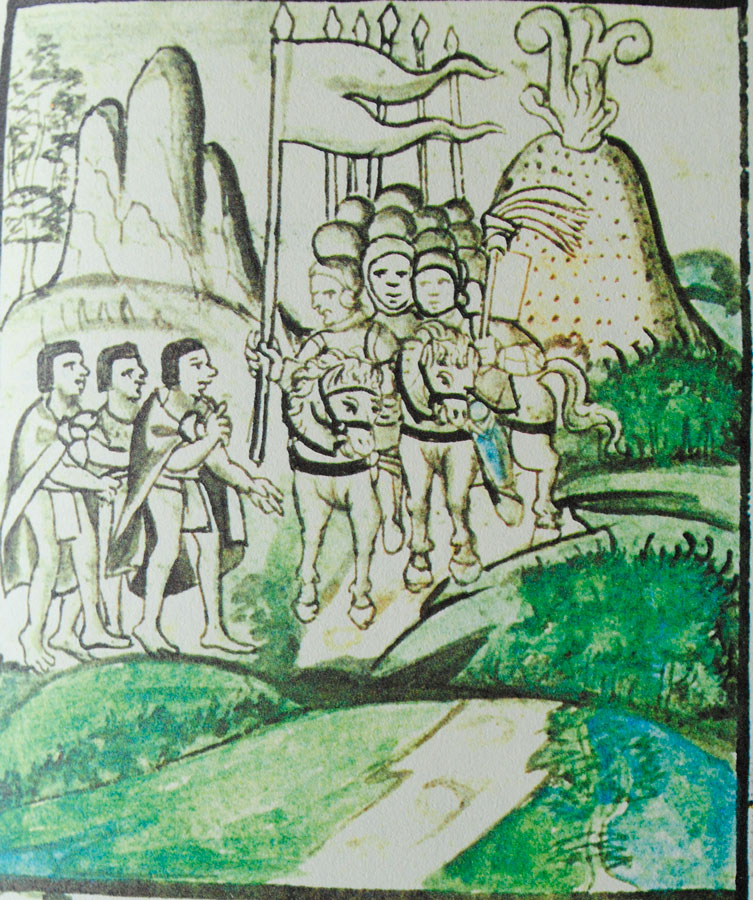 Marcha de ocupación, Códice Florentino, en Bernardino de Sahagún, Historia General de las cosa de la Nueva España L XII Fo 18. Siglo XVI.