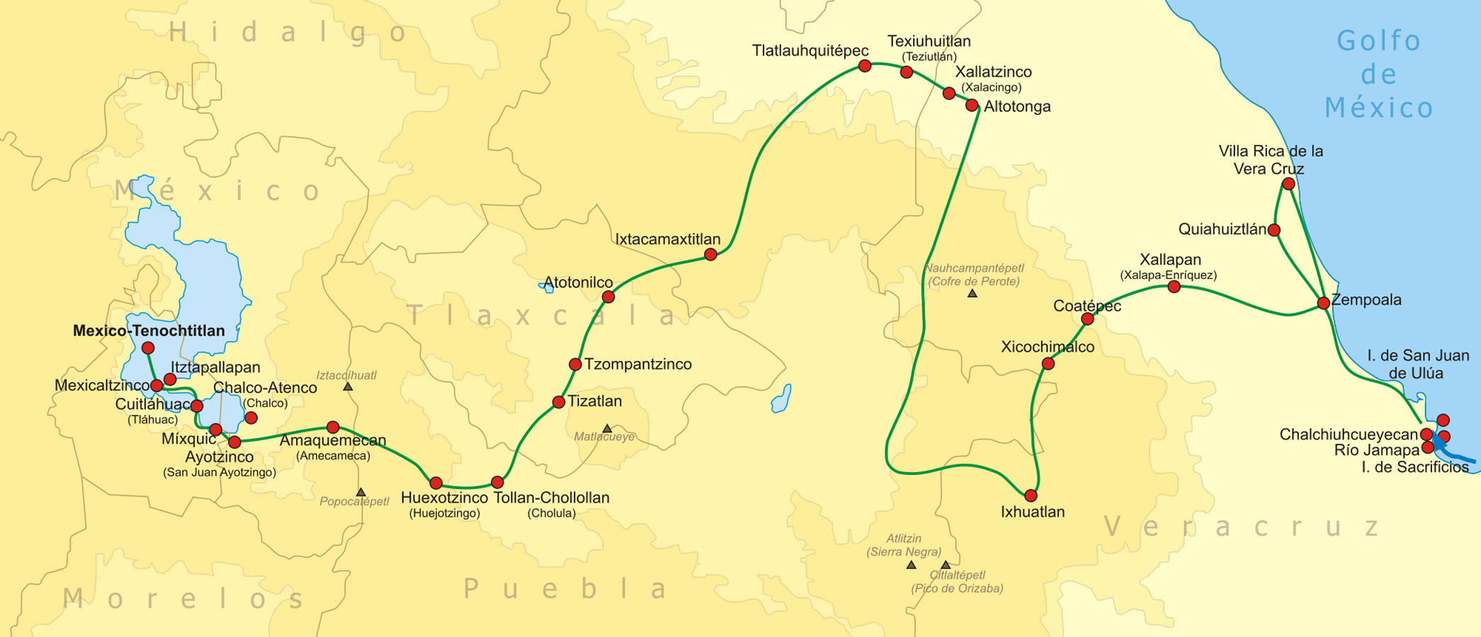 Ruta seguida por Cortés y sus aliados desde la costa de Chalchiuhcueyecan hasta México-Tenochtitlán en 1519. 