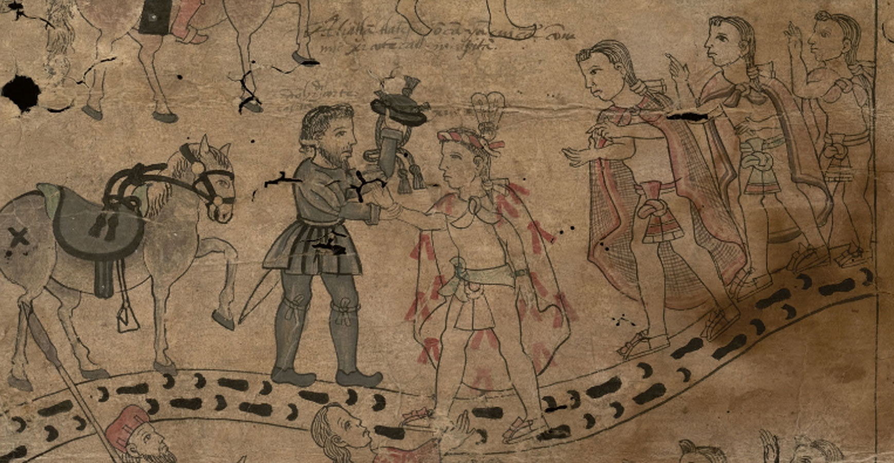 Encuentro de Xicoténcatl con Hernán Cortés, detalle, Lienzo de Tlaxcala, Fragmentos de Texas . 1530-1540