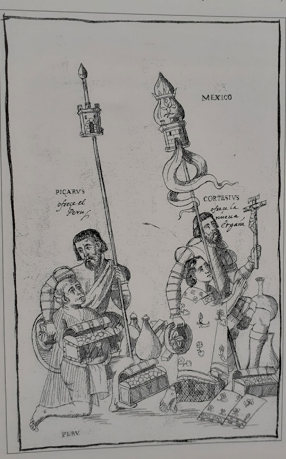 : Pizarro y Cortés ofrecen los reinos del Perú y de  la Nueva España. Diego Muñoz Camargo. ca. 1580