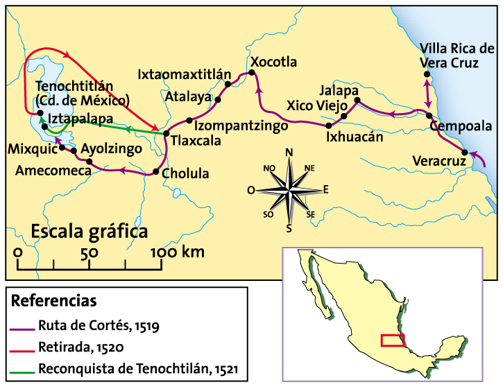 Mapa Ruta de Hernán Cortés Rutas, retirada y reconquista