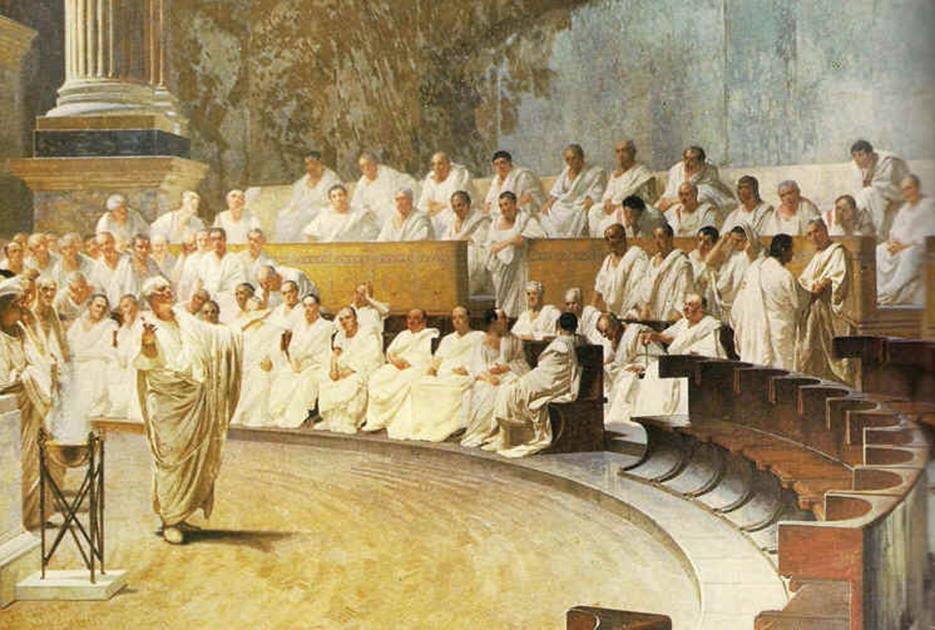 Cicerón en el Senado Romano, acusando a Catilina, fresco del pintor Cesare Maccari (1840-1919).