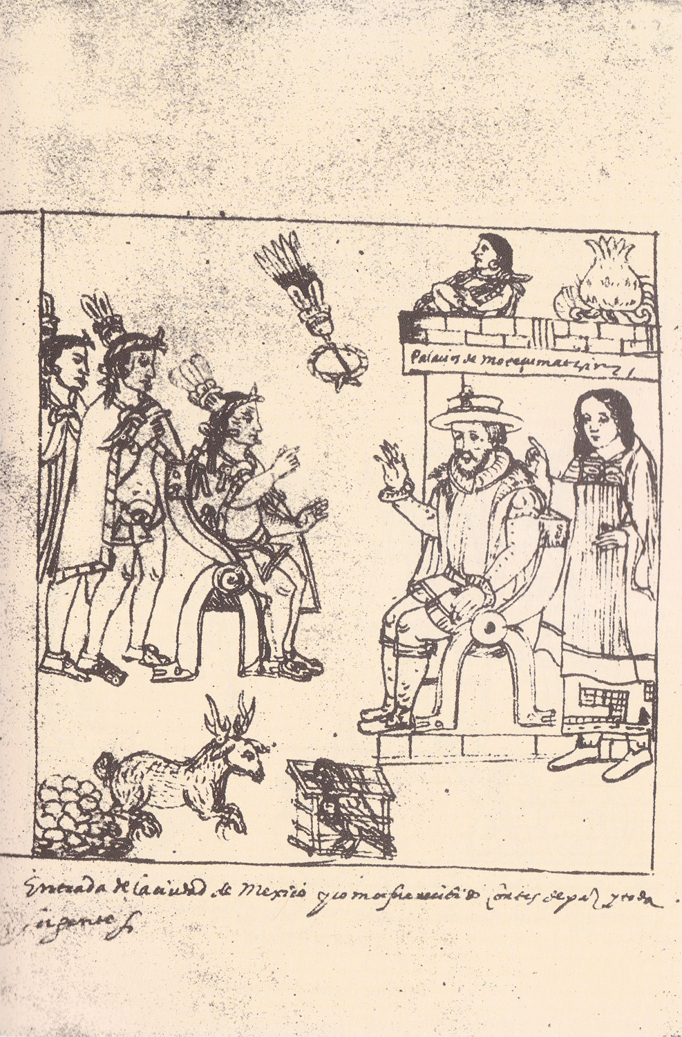 Hernán Cortés, Marina con los caciques de Tlaxcala . En  Diego Muñoz Camargo, Descripción de la ciudad y provincia de Tlaxcala, Lám. 38. Anónimo. ca. 1580
