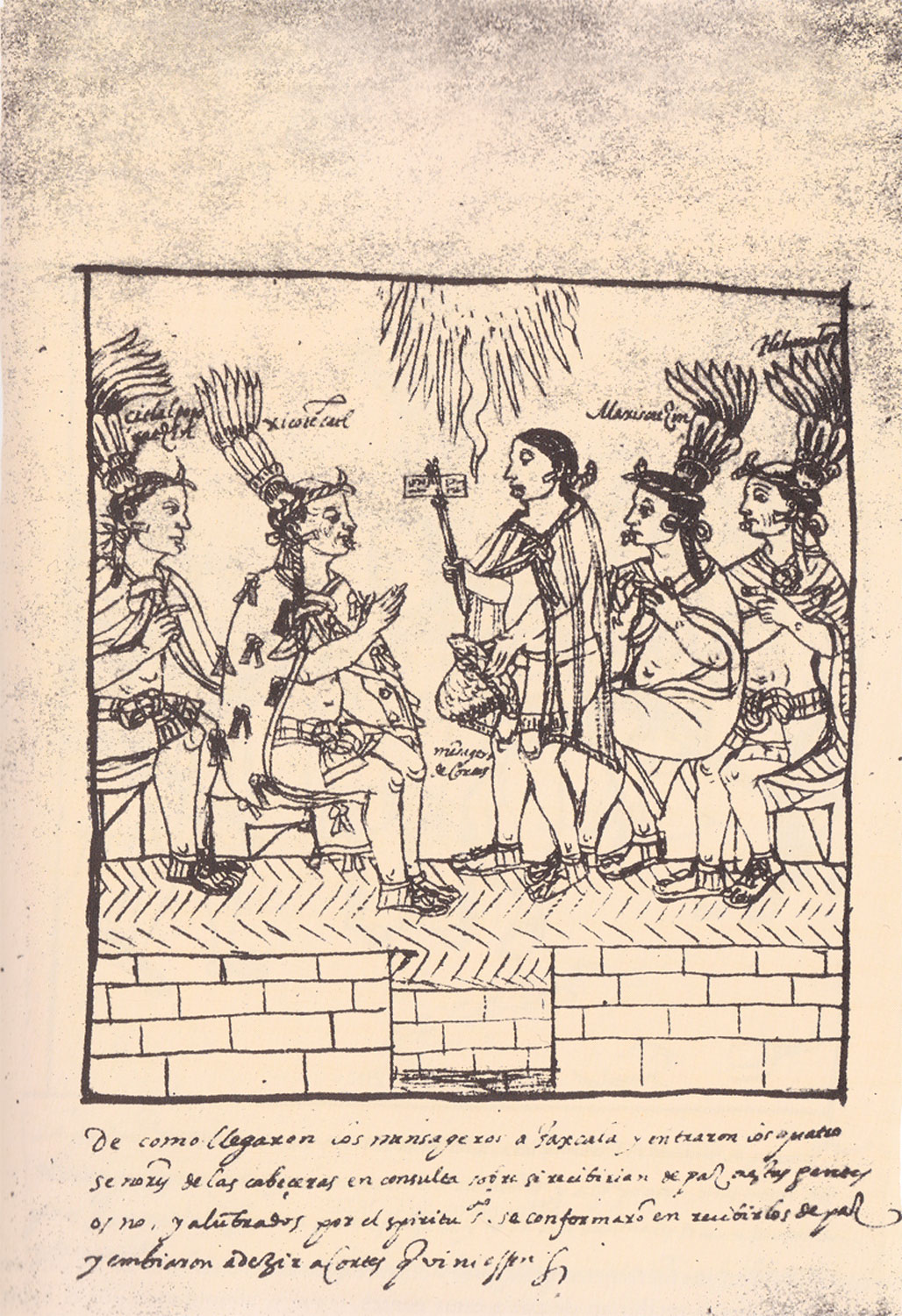 Mensajero de Cortés con los caciques de Tlaxcala, en  Diego Muñoz Camargo, Descripción de la ciudad y provincia de Tlaxcala, Lám. 28. Anónimo. ca. 1580