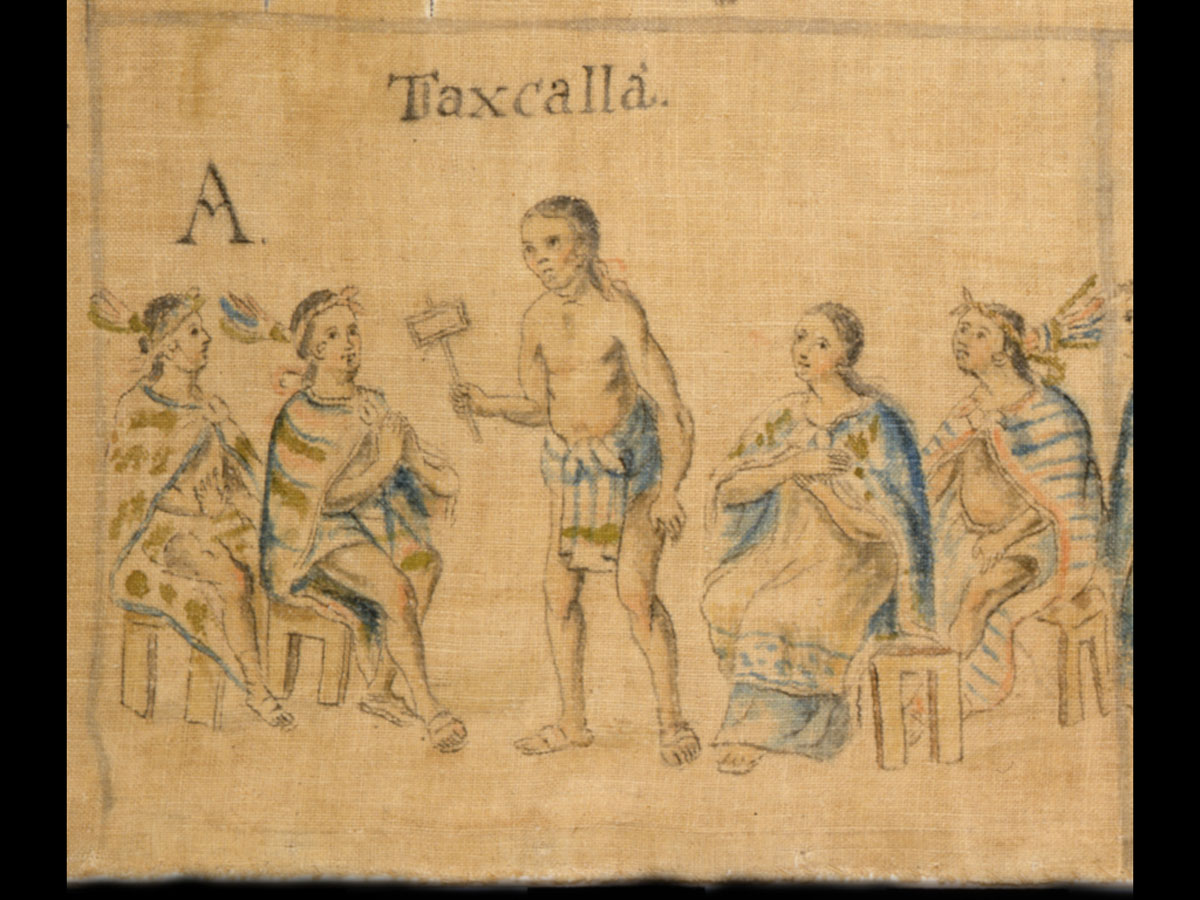 Mensajero de Cortés con los caciques de Tlaxcala, en Juan Manuel Yllanes del Huerto. Lienzo de Tlaxcala, Lámina 001. Siglo XVIII