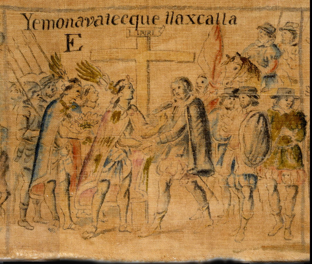Cortés implantando una cruz, en Juan Manuel Yllanes del Huerto. Lienzo de Tlaxcala, Lámina 005. Siglo XVIII