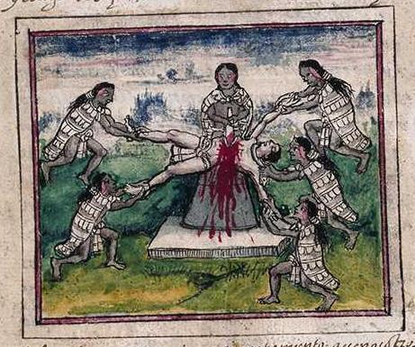 Sacrificio humano por extracción del corazón. Durán, fol. 238r.