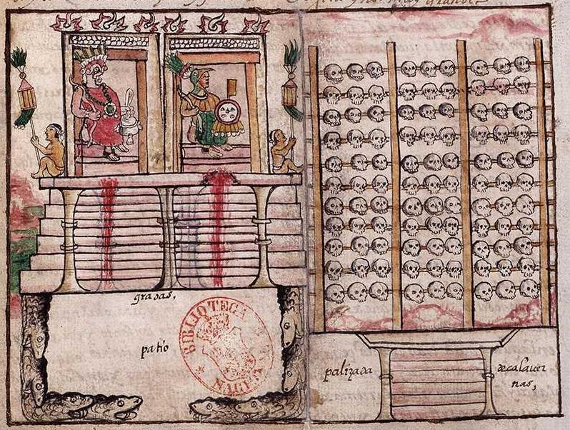 Templo Mayor y Huey Tzompantli, Diego Durán, Historia de las Indias de Nueva España e islas de tierra firme, Libro de los Ritos, folio 232v.