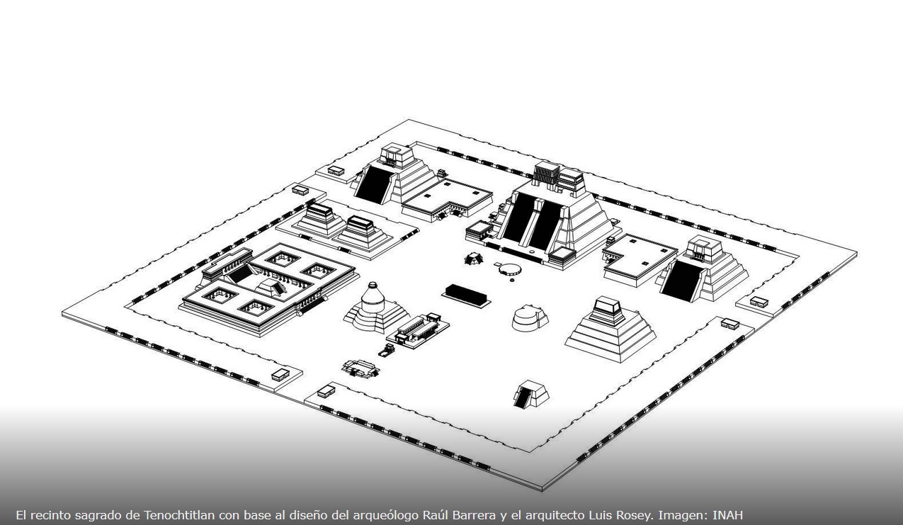 Centro ceremonial de Tenochtitlan. Dibujo de R. Barrera (INAH)