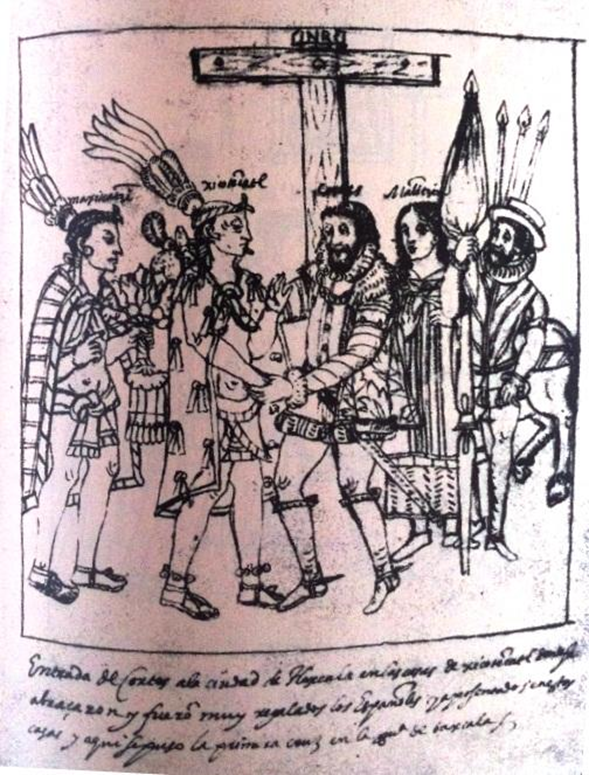 Xicohténcatl “El viejo” y Cortés pactan la alianza delante de la cruz. Historia de la ciudad y provincia de Tlaxcala, Diego Muñoz Camargo.